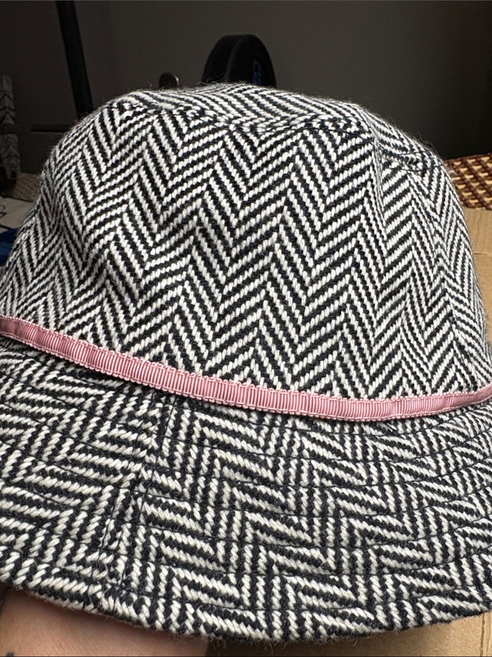 J. Crew Black & White Herringbone Bucket Hat with Pink Ribbon - Picture 6 of 16